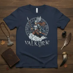 Valkyrie t-shirt design with a winged warrior, Norse runes, and clouds. Primary keyword: Valkyrie