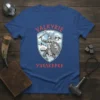 Valkyrie Ykkakkprf Viking Warrior T-Shirt featuring a female warrior with axe and shield, Norse runes, and a ship in the
