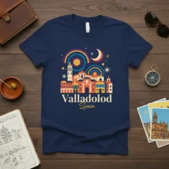 Valladolid Spain cityscape graphic t-shirt with colorful buildings, moon, and stars