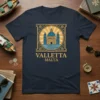 Valletta Malta T-Shirt design featuring a blue dome building with sun rays and text 'Valletta Malta'