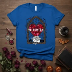 Valloween Heart T-Shirt with gothic branches, bats, pumpkins, and a white rose