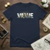 VALUE cityscape graphic t-shirt with white text and a colorful building illustration below, navy blue tee