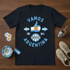 Vamos Argentina thumbs up t-shirt design with Argentinian flag and blue arrows, soccer fan apparel
