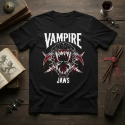 Vampire Jaws t-shirt design with sharp fangs and dripping blood graphic, white and red text on black tee