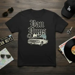 Van Nuys text and classic car graphic on a black t-shirt, representing California style