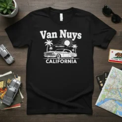 Black t-shirt with "Van Nuys Hollywood California" text, a vintage car, palm trees, and a sun graphic