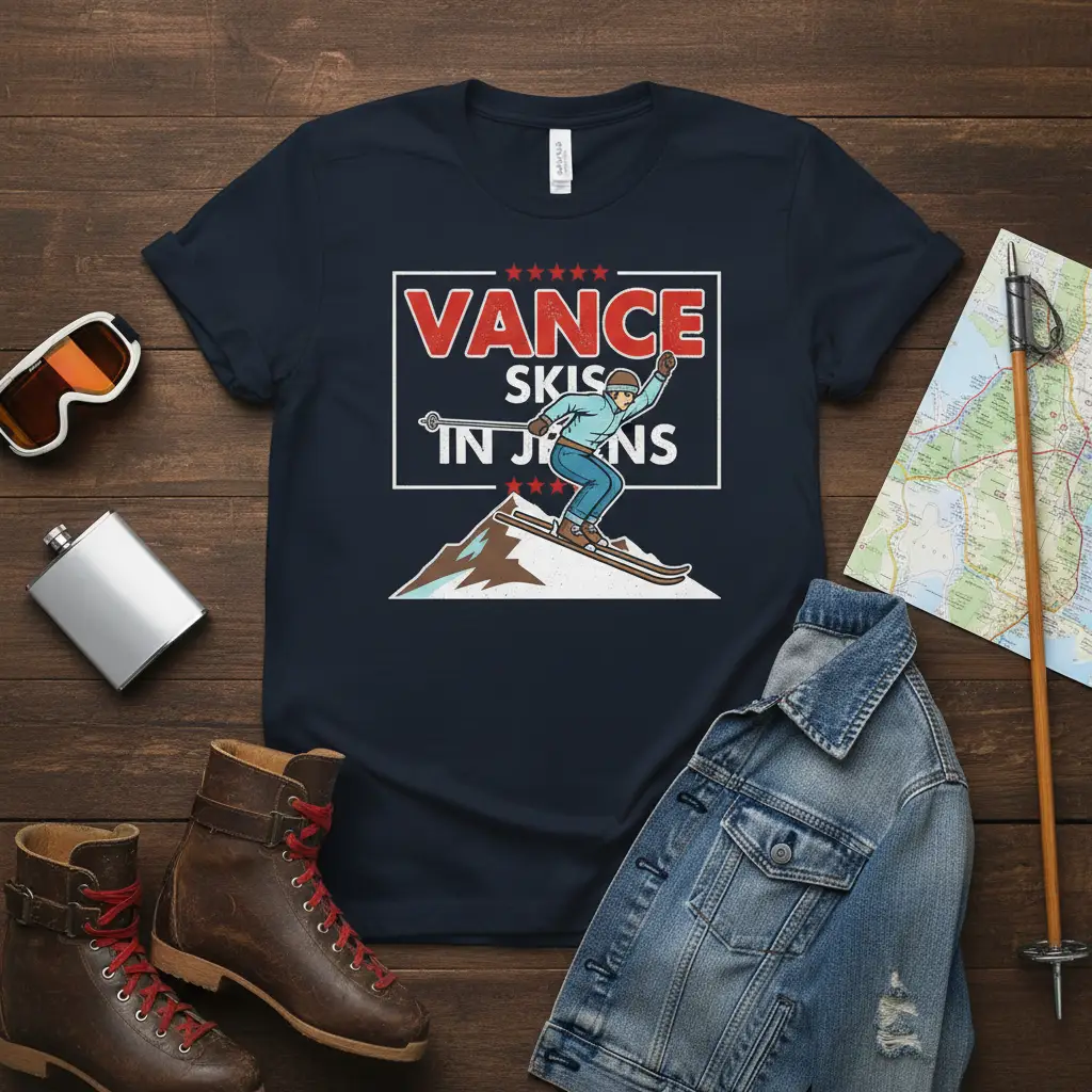 Vance Skis In Jeans t-shirt design with a humorous skiing graphic and political undertones
