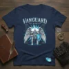 Vanguard Of Virtue t-shirt design featuring an angelic knight kneeling with a sword and shield, surrounded by glowing light and