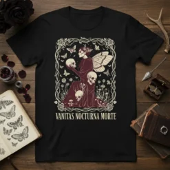 Vanitas Nocturna Morte t-shirt design featuring a gothic fairy holding skulls amidst butterflies and floral elements