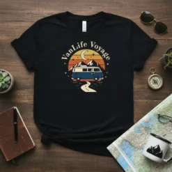 VanLife Voyage text with a retro blue camper van driving on a road at sunset with mountains and moon graphic