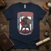 Varangian Guard Vikings T-Shirt with a warrior holding an axe and shield, featuring historical text and Viking ship elements