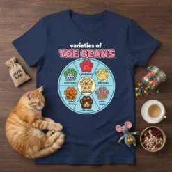 T-shirt featuring a circular diagram titled 'Varieties of Toe Beans' with different colored cat paw prints and labels like black