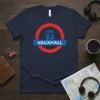 Navy blue t-shirt with the Vauxhall London Underground station logo in red and blue, featuring a train graphic