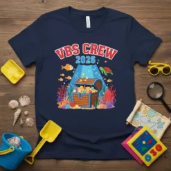 Navy blue t-shirt with "VBS CREW 2026" in red and white text above an underwater scene with a treasure chest