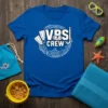 VBS CREW t-shirt design with scuba gear, submarine, and fins. Features bold white text on a blue shirt