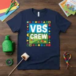 VBS CREW text with camping scene and colorful geometric border on a navy t-shirt