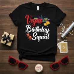 Vegas Birthday Squad text with Las Vegas skyline, dice, and poker chips on a black t-shirt