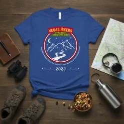 Vegas Hikers 10th Annual Charleston Series 2023 t-shirt design featuring mountains, a trail, and event details