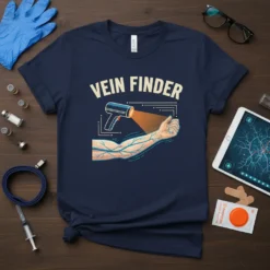 Navy blue t-shirt with "VEIN FINDER" text and graphic of a vein finder device scanning a human arm showing veins