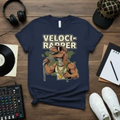 VelociRapper text above a muscular cartoon Velociraptor with sunglasses and gold chains holding a microphone, on a navy blue t-shirt