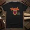 Black t-shirt with "Veneka 58" in retro athletic font and a shield logo with a stylized bird graphic