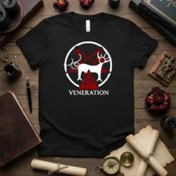 Black t-shirt featuring the Veneration design with a white goat-like figure inside a pentagram and the word VENERATION below