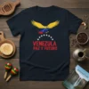 Venezuela Paz Y Futuro T-Shirt with eagle and Venezuelan flag design. White stars arc above the text