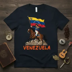 Venezuela T-Shirt with a historical figure on horseback holding the Venezuelan flag and the word VENEZUELA below