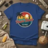 Venice Beach California Golden Coast retro t-shirt design with palm trees, pelican, dolphins, and sunset