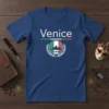 Venice Italy t-shirt design featuring the word Venice above an Italian flag circle with a gondola and skyline