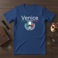 Venice Italy t-shirt design featuring the word Venice above an Italian flag circle with a gondola and skyline