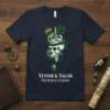 Venom & Valor The Serpent's Crown t-shirt design featuring a green serpent, skull, crown, and sword graphic with text.|