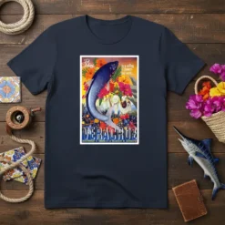 Veracruz Fishing Flowers Music T-Shirt design featuring a blue fish, colorful flowers, and vintage text