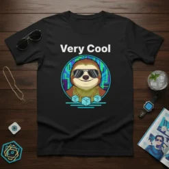 Very Cool T-Shirt design featuring a cartoon sloth wearing sunglasses and a gold chain, with three ice cubes below