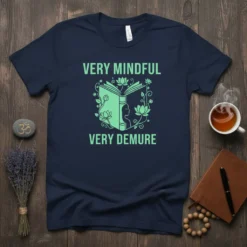 Navy t-shirt with "VERY MINDFUL VERY DEMURE" text and an open book graphic surrounded by lotus flowers and leaves