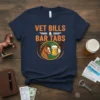 Navy t-shirt with "Vet Bills & Bar Tabs" text, featuring a horse holding a beer mug graphic
