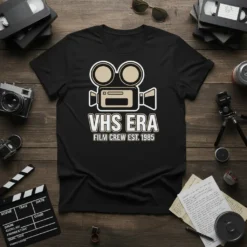 VHS Era Film Crew Est. 1985 text with retro video camera graphic on a black t-shirt