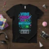 Black t-shirt with neon "VIBE CHECK BIRTHDAY ON" text and retro boombox graphic