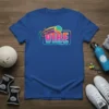 VIBE Volleyball Lab text and graphic design on a royal blue t-shirt, featuring a volleyball in motion