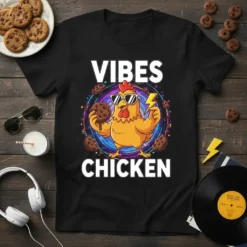 Vibes Chicken T-Shirt design with a cartoon chicken holding cookies and wearing sunglasses, surrounded by cookies and neon lights