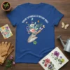 Vibrant Botanicals & Freedom Wings T-Shirt with floral spade graphic and butterflies, white text on blue tee