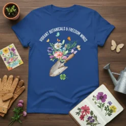 Vibrant Botanicals & Freedom Wings T-Shirt with floral spade graphic and butterflies, white text on blue tee