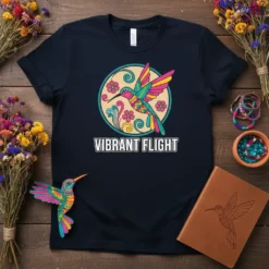 Vibrant Flight text with a colorful, stylized hummingbird design inside a circular frame, on a navy t-shirt