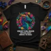 Vibrant Flora Dragon Mystical Beast Embrace the Magic text on a black t-shirt with colorful dragon and floral design