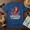 Rooster T-Shirt with vibrant rooster and tropical flowers, featuring bold white text "ROOSTER T-SHIRT"