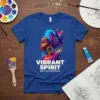 Vibrant Spirit Art in Motion t-shirt design featuring a colorful illustration of a black woman with a headwrap and hoop