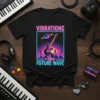 Black t-shirt with "Vibrations Future Wave" text and a neon retro cityscape with an electric guitar