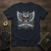 Victor Et Morte Latin phrase on a t-shirt with a detailed skull, wings, and steampunk gears design in grayscale and