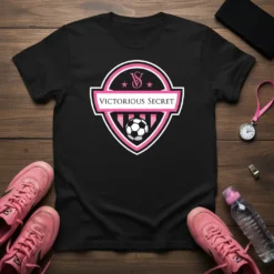 Victorious Secret soccer logo t-shirt design featuring a soccer ball and pink accents, suitable for soccer moms and players