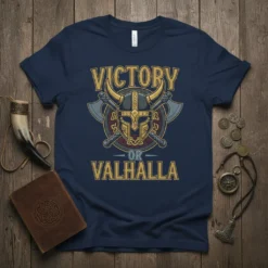Victory or Valhalla t-shirt design featuring a Viking helmet, crossed axes, and bold text in a Norse-inspired style